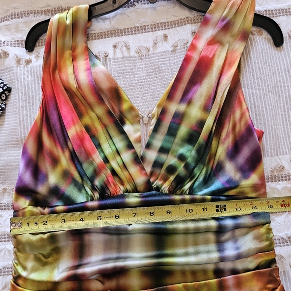Designer Rickie Freeman Teri Jon silk rainbow rushed fitted dress size 12 - Picture 4 of 11